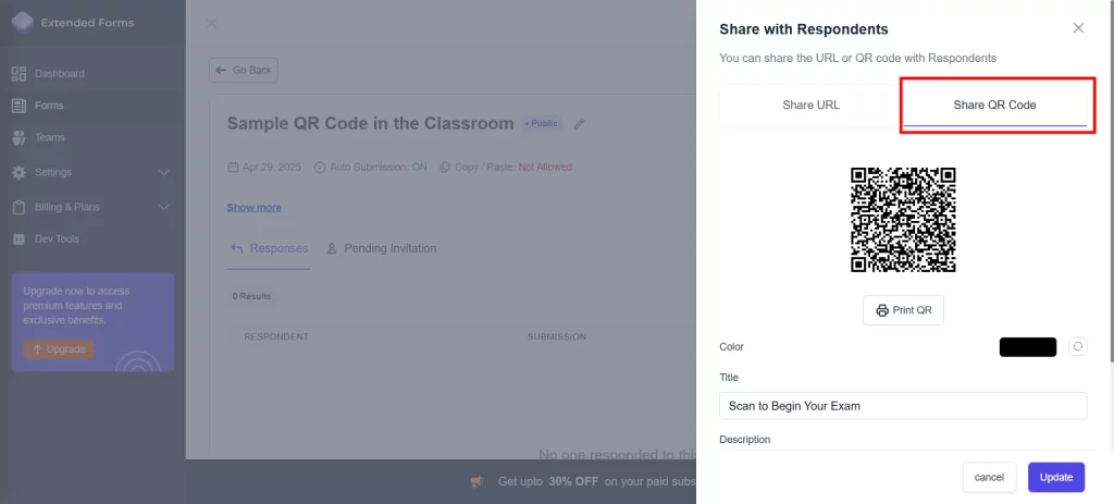 QR Codes in the Classroom - Share QR code tab