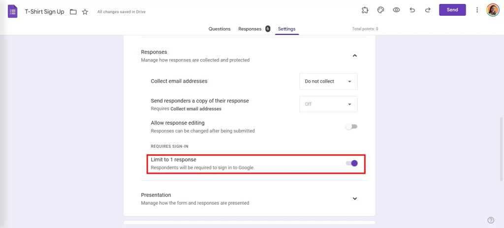 Limit Responses in Google Forms - Limit to 1 response