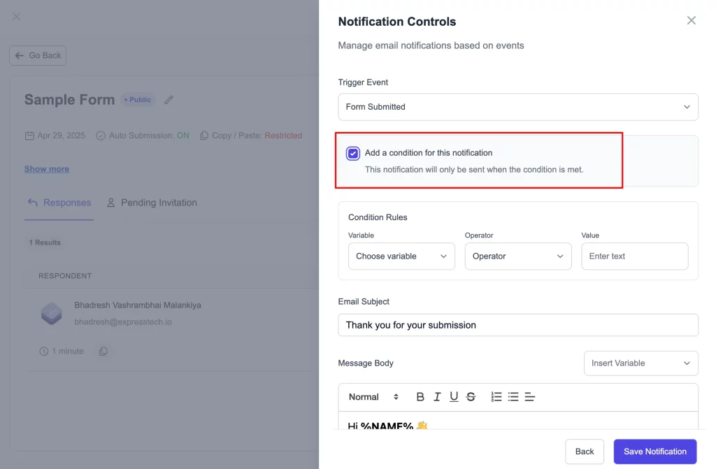 Email Notifications - Add condition