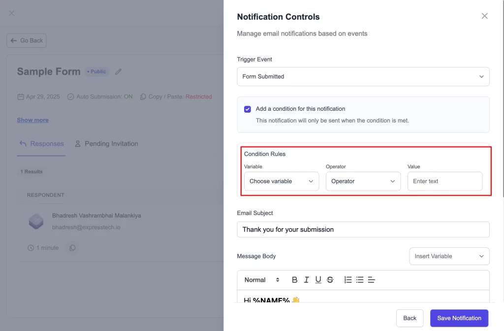 Email Notifications - Add condition rules