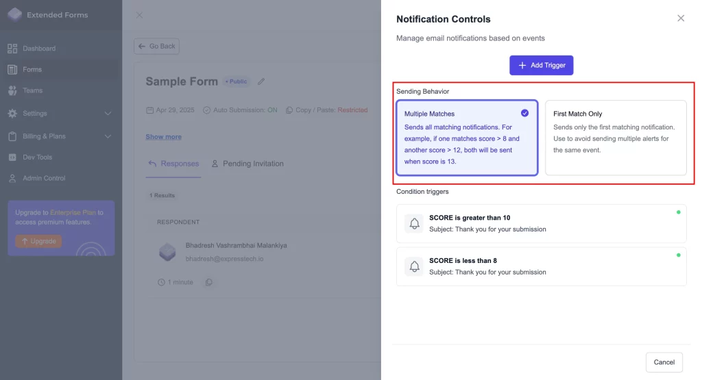 Email Notifications - Select sending behaviour