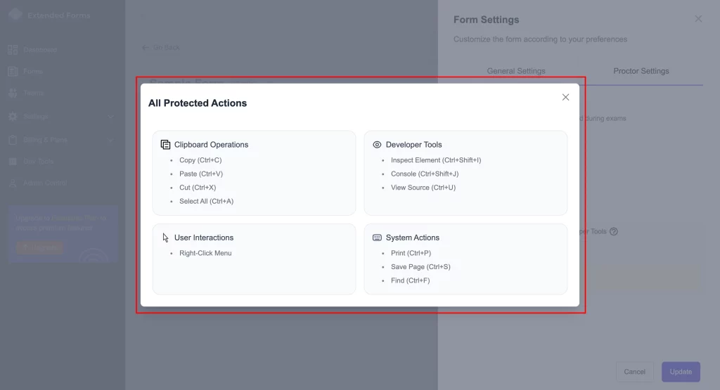 Smarter Monitoring for Online Exams - Protected actions
